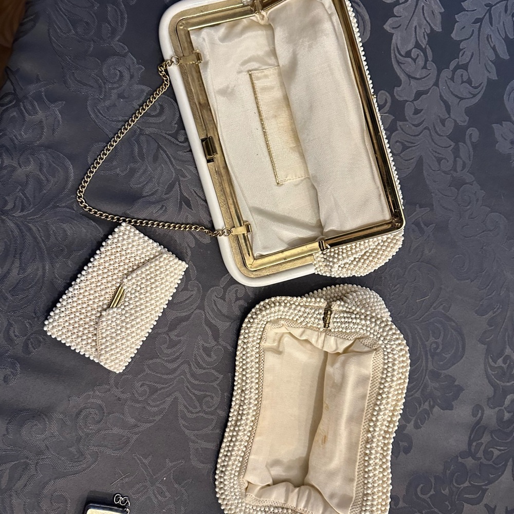 Vintage Lumured Corde Bead Clutch Purse Off White USA Made - Picture 7 of 9